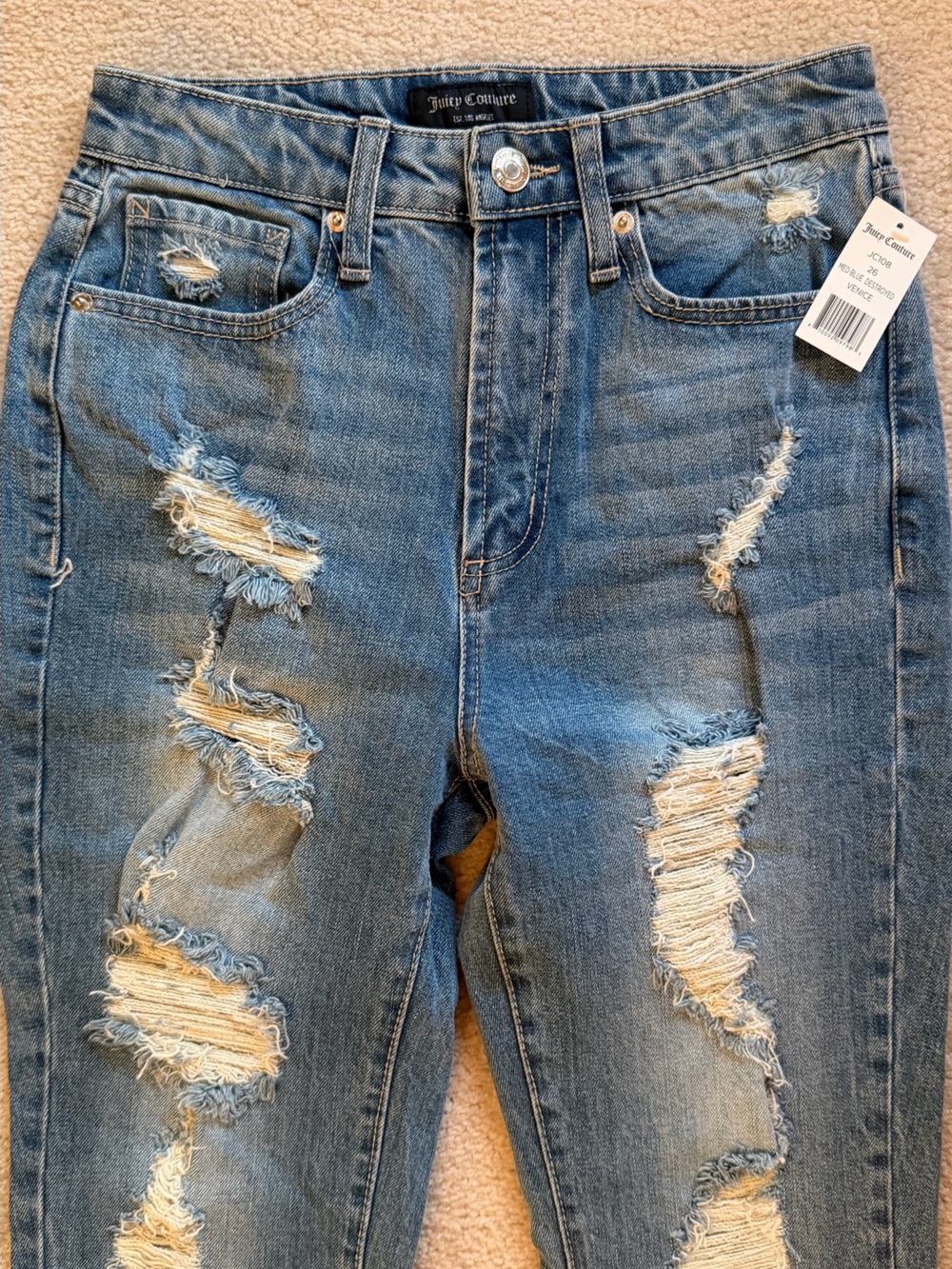 NWT Juicy Couture Women’s Venice Straight Med. Blue Destroyed Skinny Jeans, 26 - Picture 8 of 8